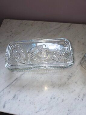 Vintage Federal Glass Refrigerator Dish w/Lid Ribbed Sides Corn Asparagus Design